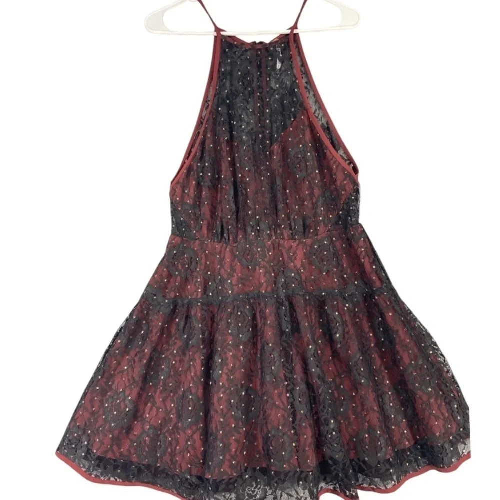Free People Wish Upon A Star Black Burgundy Lace Halter Coquette Vampy Dress 2